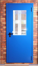 Противопожарная дверь голубая дымогазонепроницаемая с остеклением